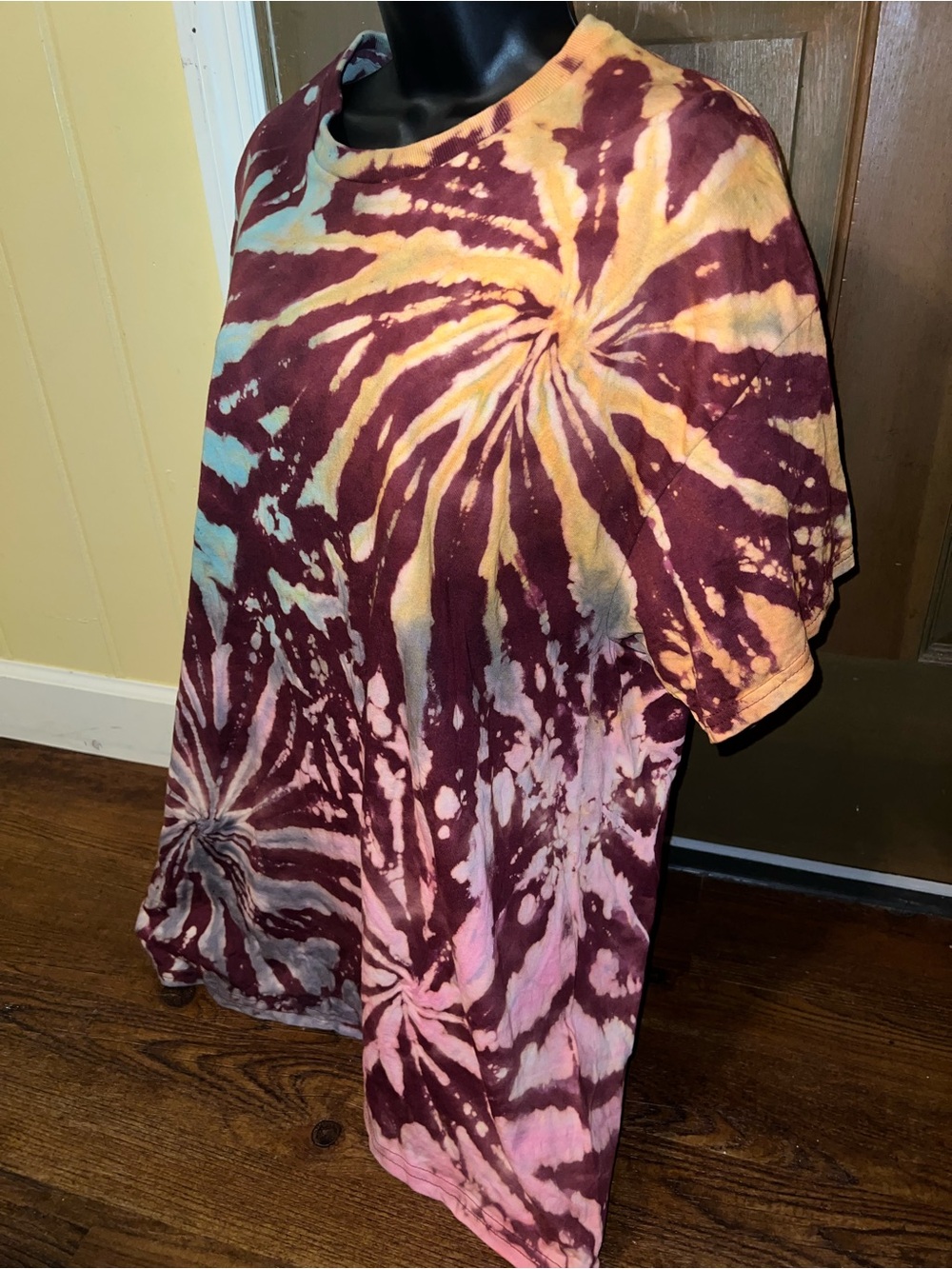 Burgundy Multicolor Tie Dye Firework Retro Handmade Short Sleeve Shirt Size XL - Picture 6 of 10